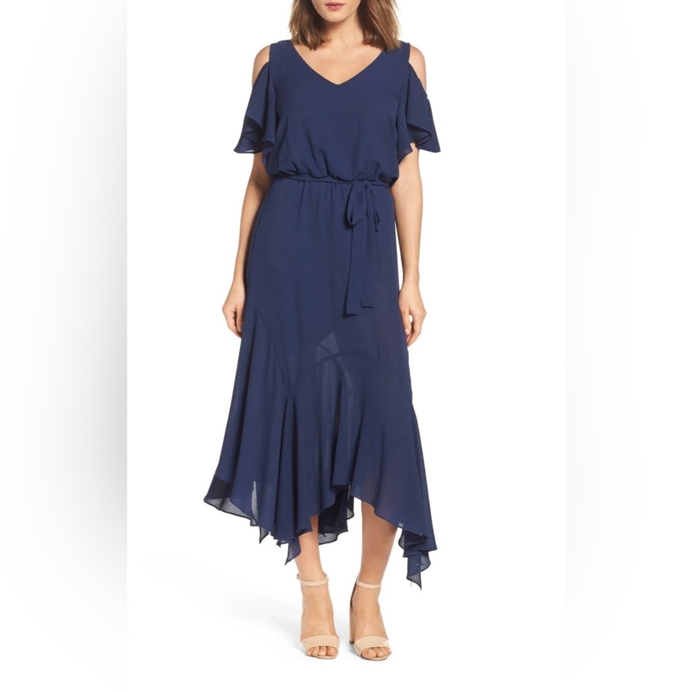 NWT Maggy London Ruffle Flutter Sleeve Cold Shoulder V-Neck Swing Dress Size 8